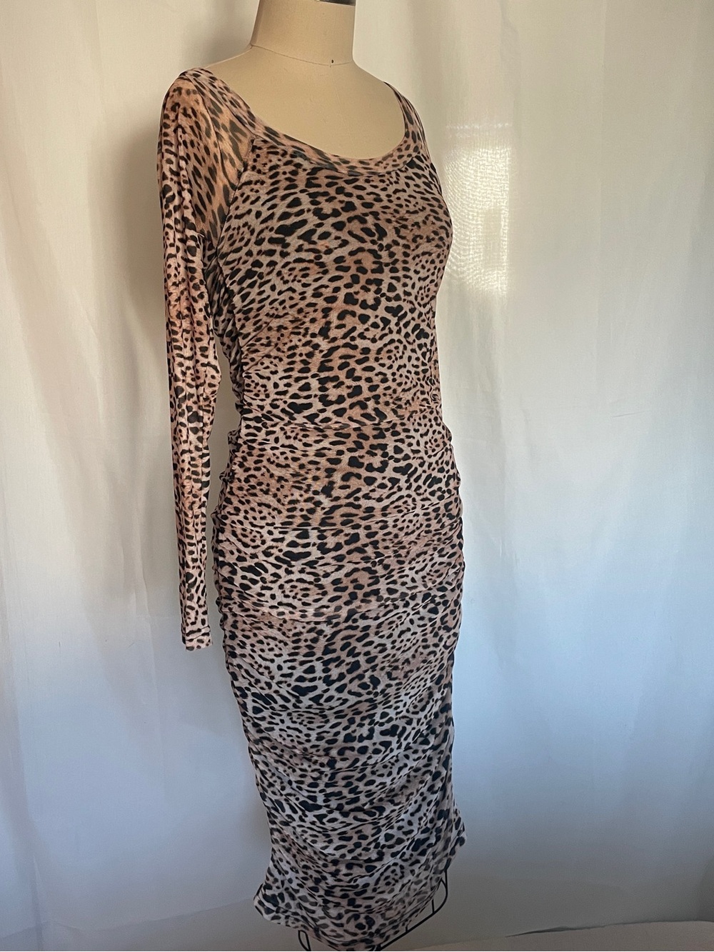 Betsey Johnson Leopard-Print Long Sleeve Midi Dress in Beige and Black